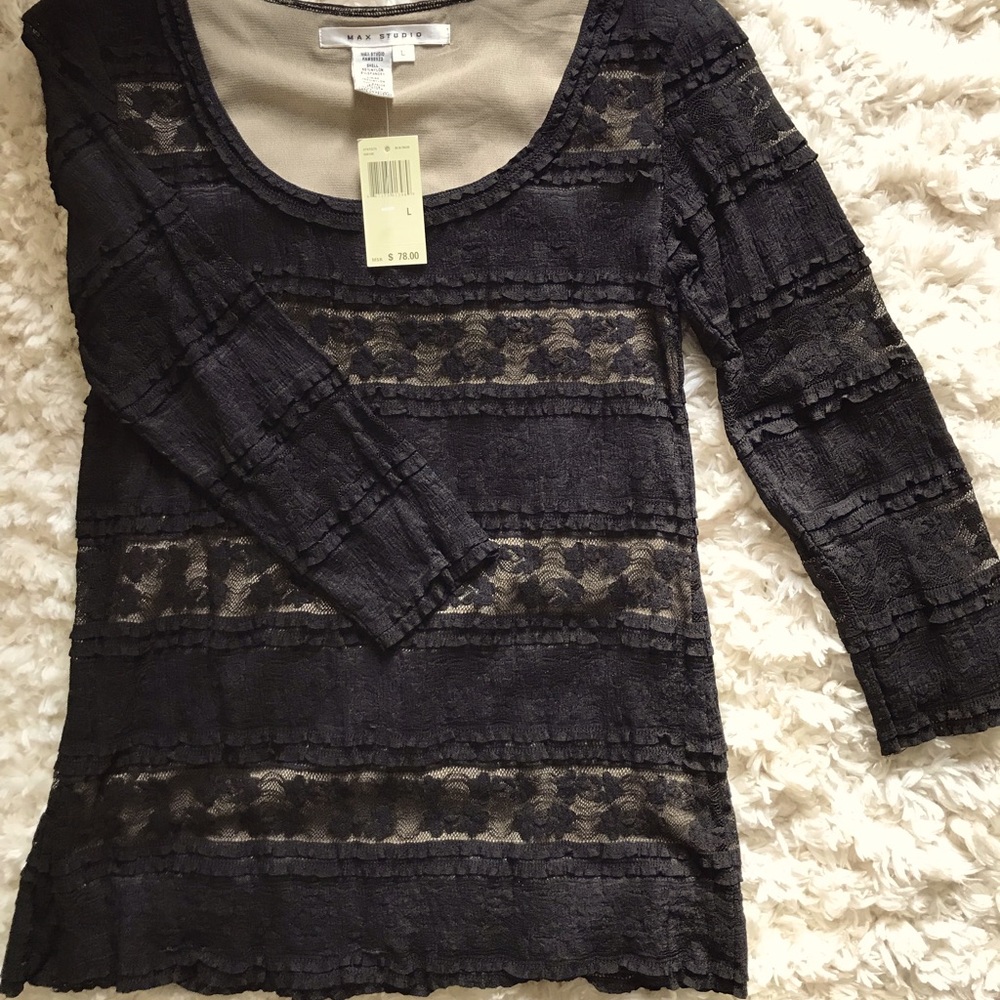Max Studio Black lace T-shirt - NWT - nude lining. 3/4 sleeves, nylon w spandex